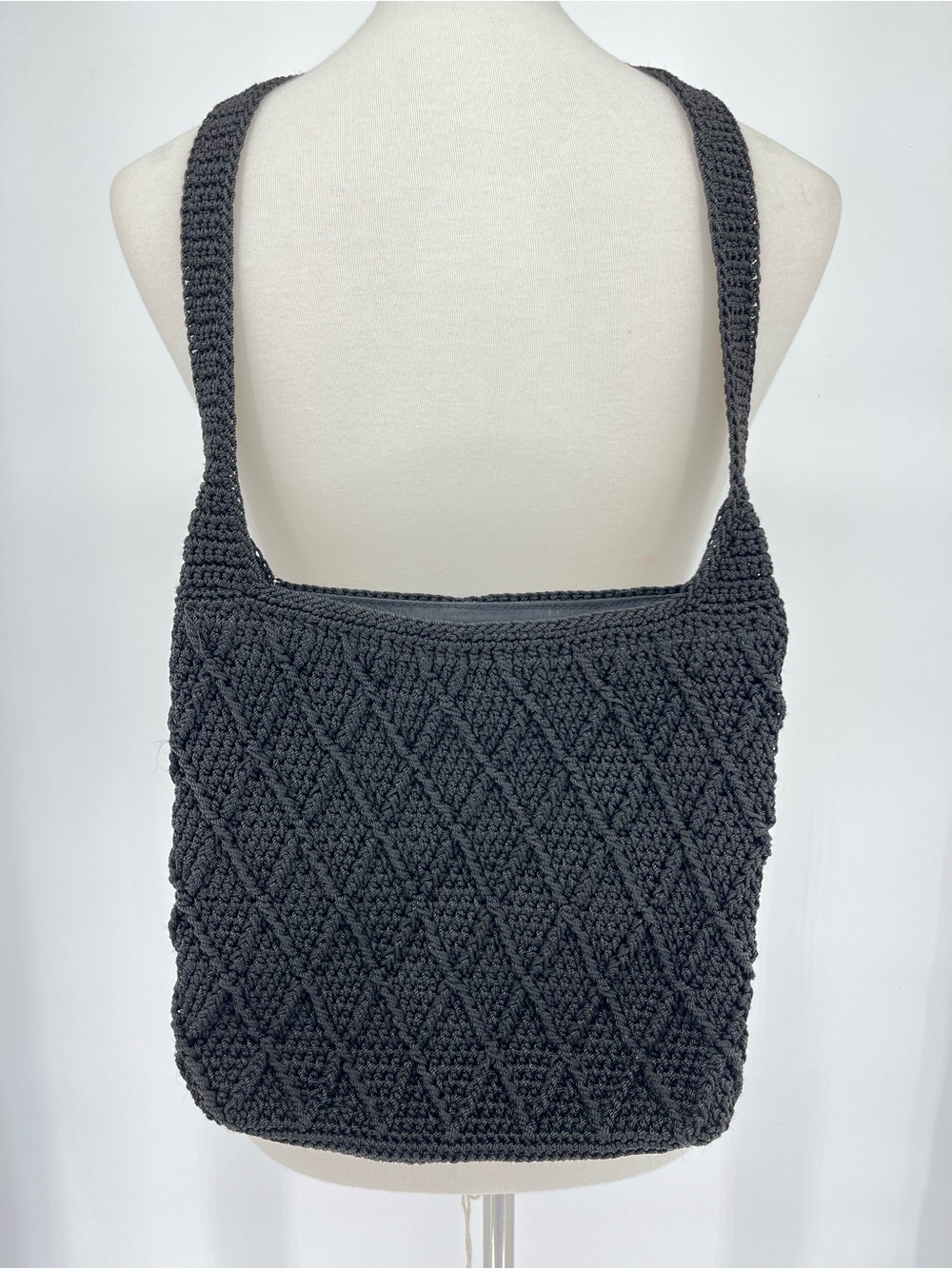 The Sak Black Crochet Knit Shoulder Bag Textured Boho Hobo Purse Handbag